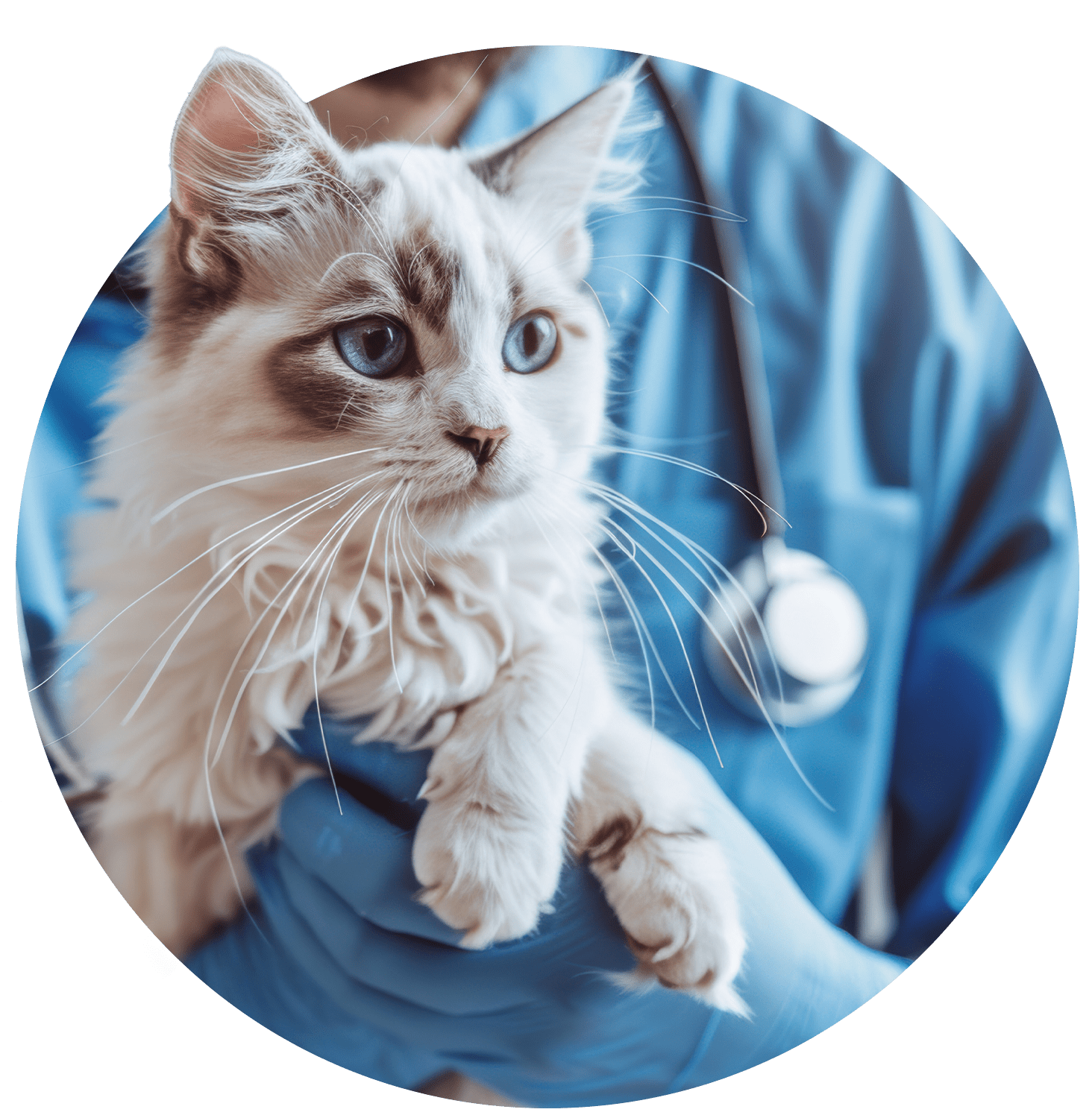 fluffy white and brown cat being held by veterinarian waring gloves fluffy white and brown cat being held by veterinarian waring gloves
